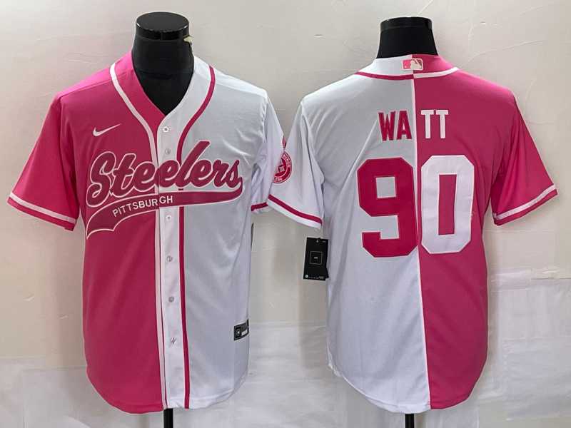 Men's Pittsburgh Steelers #90 TJ Watt Pink White Two Tone With Patch Cool Base Stitched Baseball Jersey